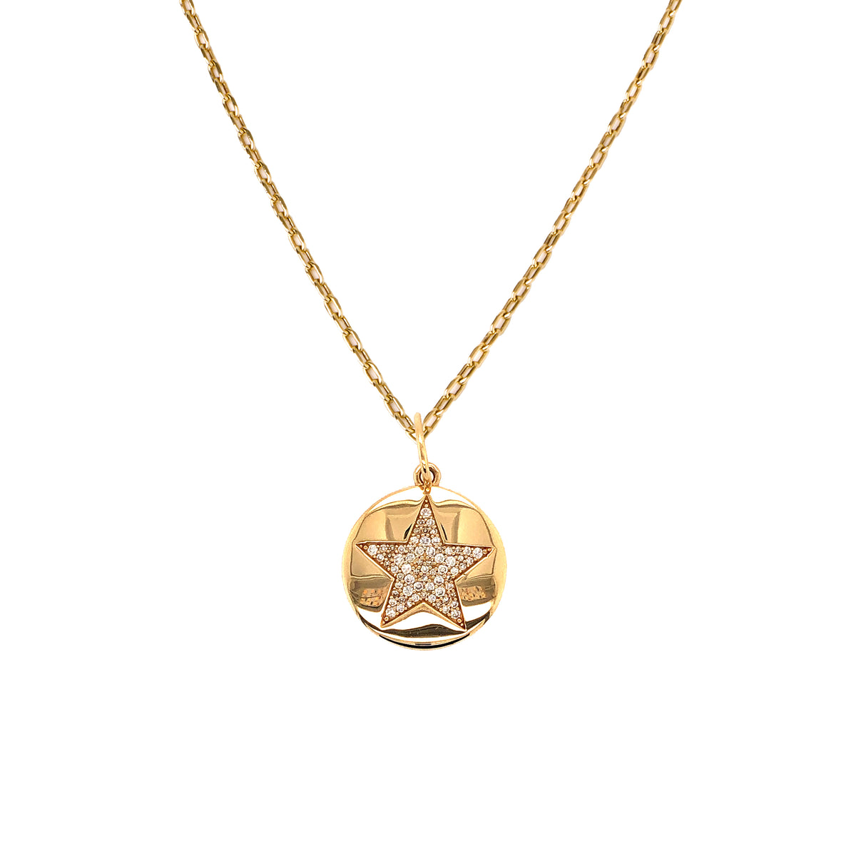 Diamond Star Medallion Necklace: Shiny 14K gold medallion necklace with a diamond-embedded star in the center 