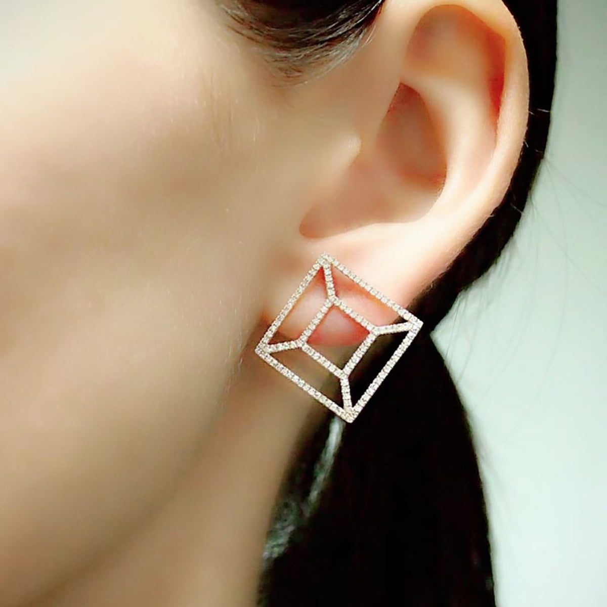 Diamond Windowpane Studs on the ear