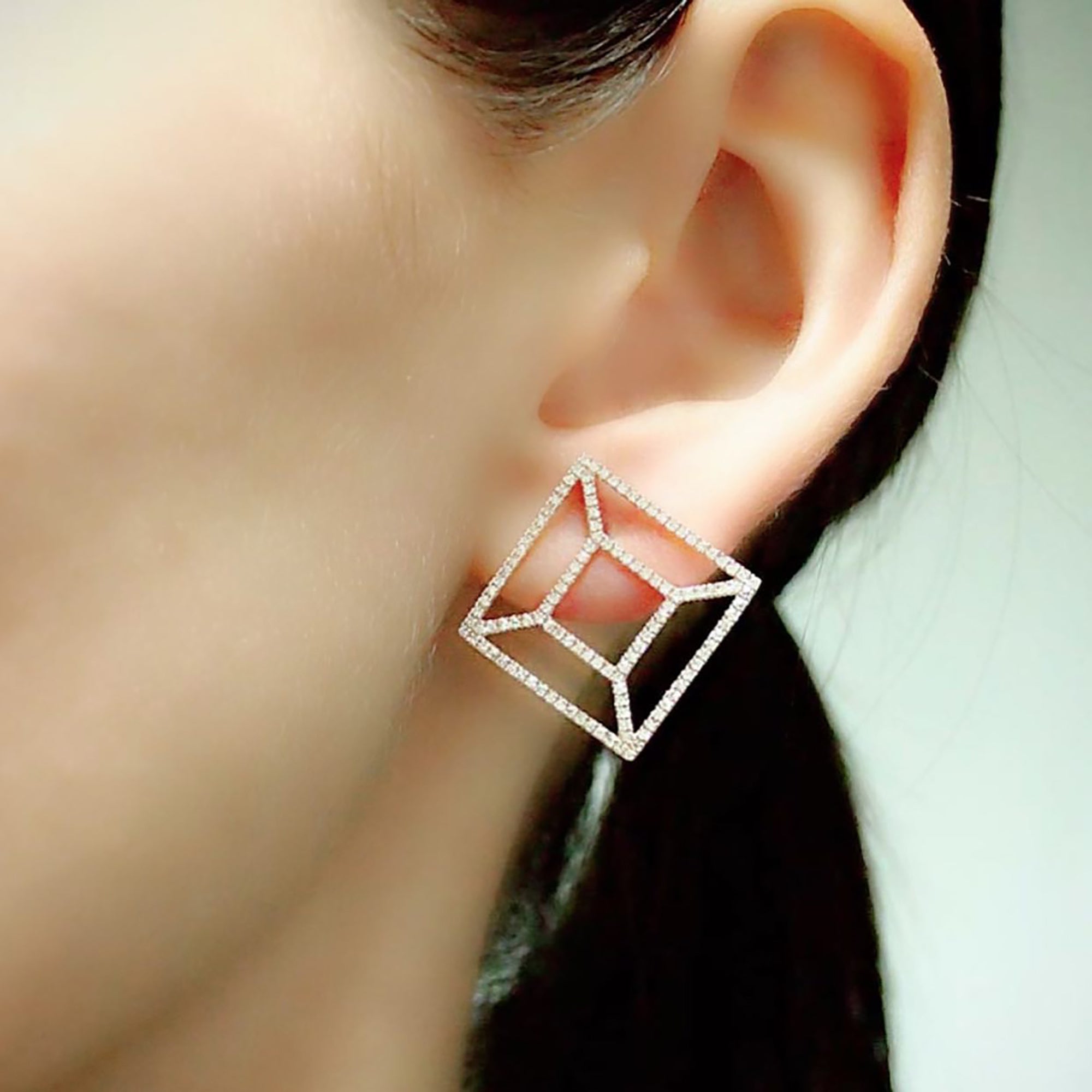 Diamond Windowpane Studs on the ear