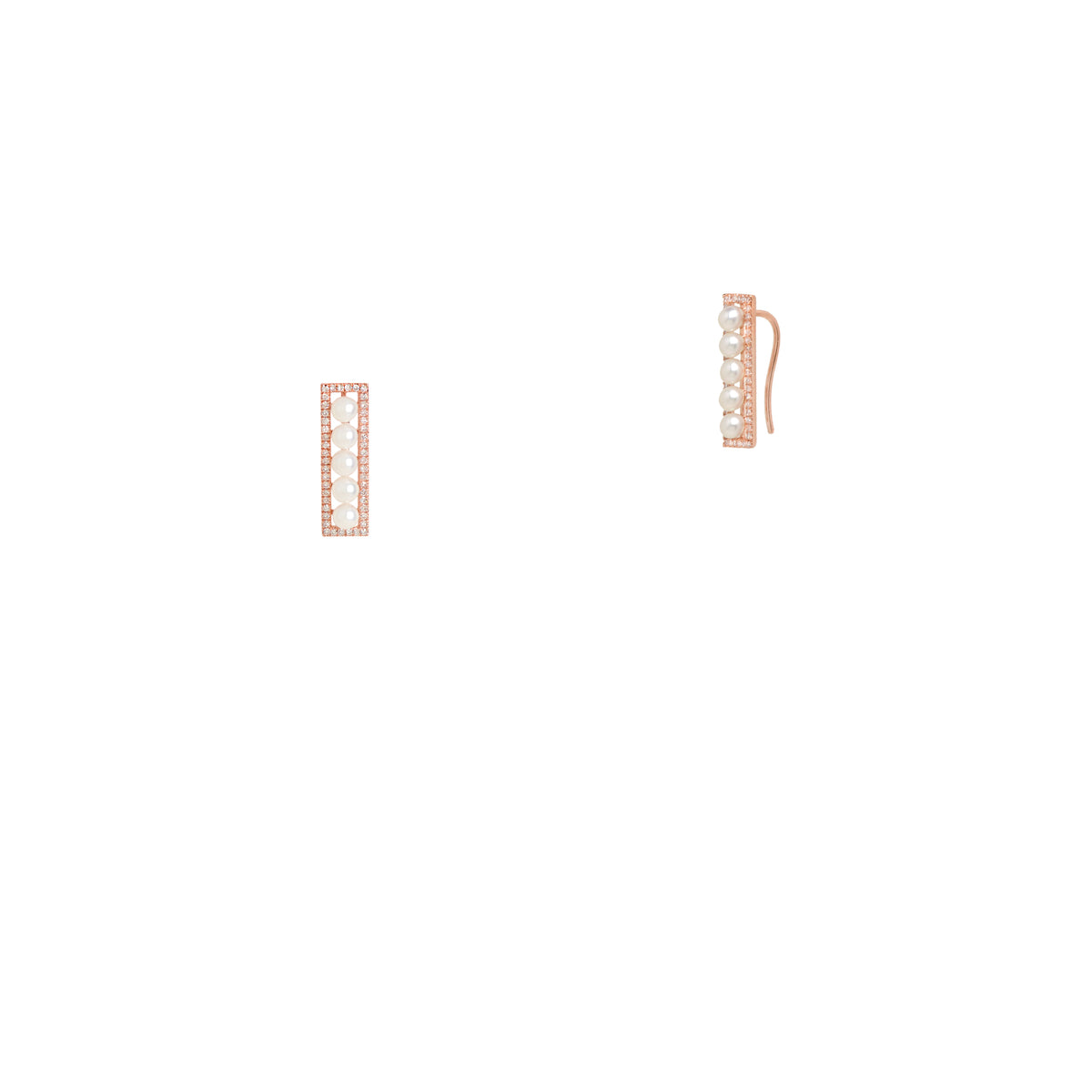 Diamond and Pearl Ear Crawler: a pair of 14K gold ear crawler earrings, each with a bar of pearl beads surrounded by diamonds 