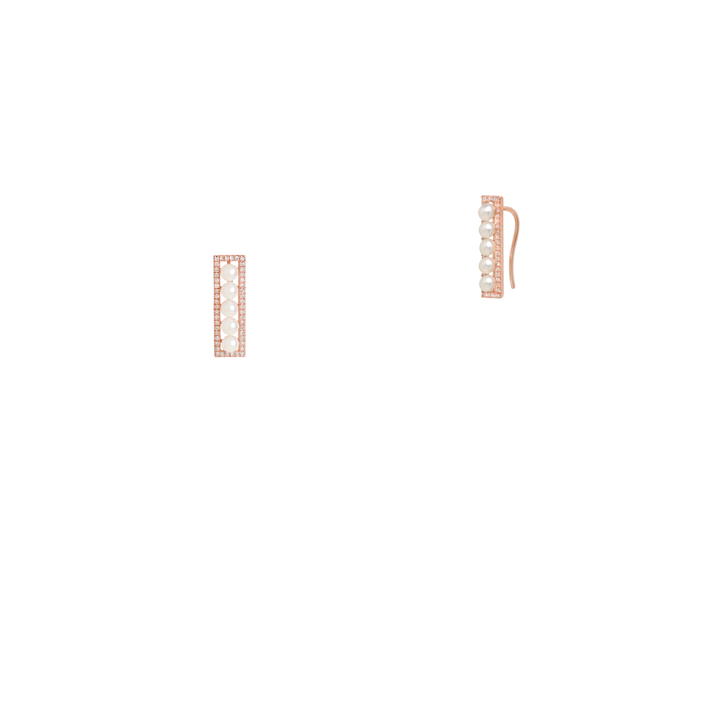 Diamond and Pearl Ear Crawler: a pair of 14K gold ear crawler earrings, each with a bar of pearl beads surrounded by diamonds 