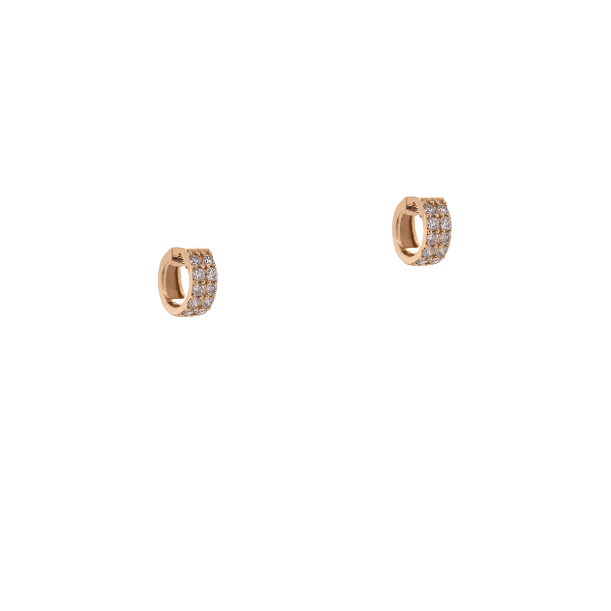 Double Row Baby Diamond Huggies: A pair of 14K gold huggie earrings with two rows of diamonds.