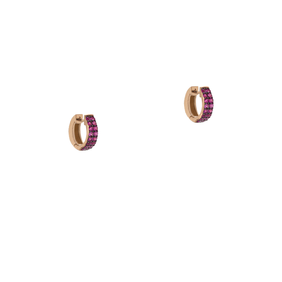 Double Row Pink Sapphire Huggies: A pair of 14K yellow gold hinged hoop earrings with two rows of pink sapphire.