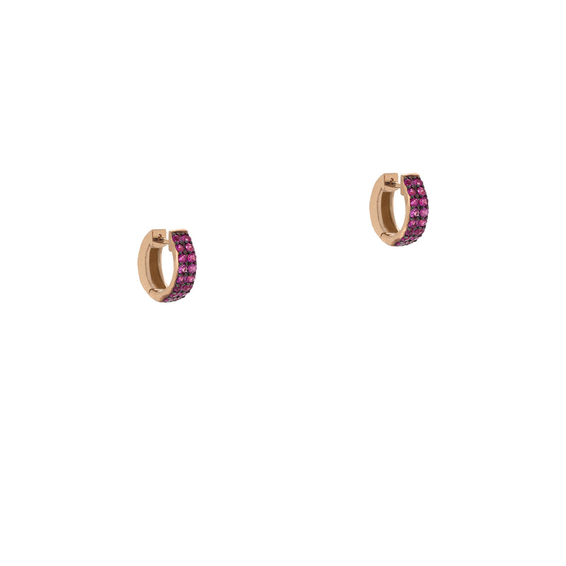 Double Row Pink Sapphire Huggies: A pair of 14K yellow gold hinged hoop earrings with two rows of pink sapphire.