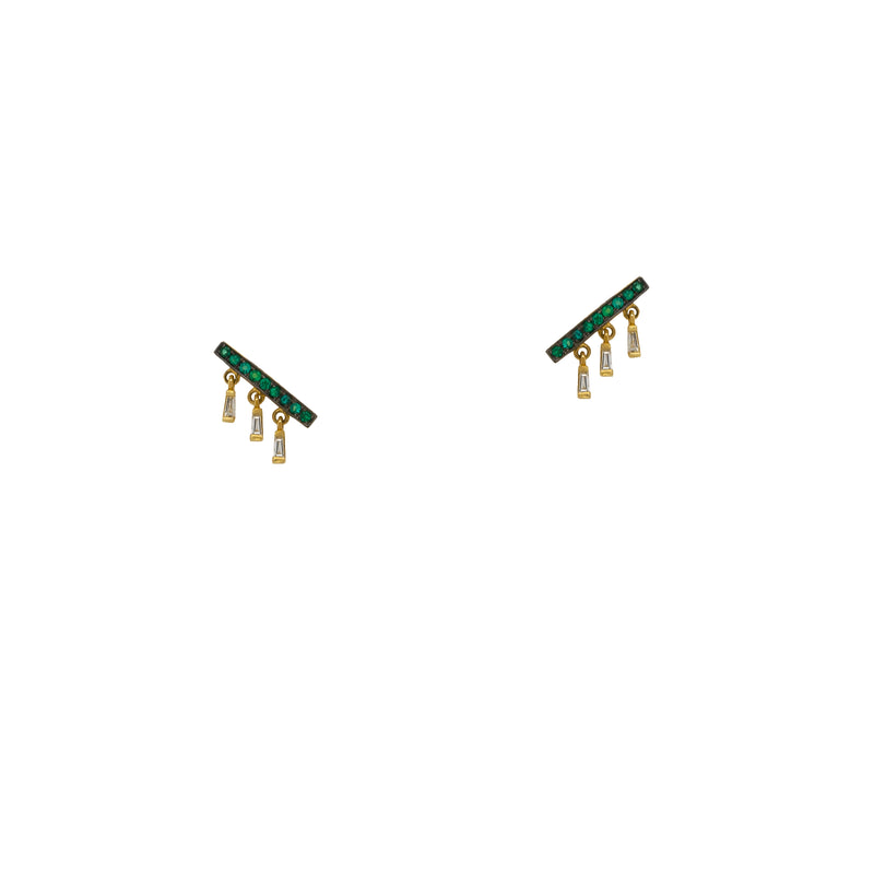Emerald Confetti Studs: 14K gold studs with round diamonds and 3 drops dangling 