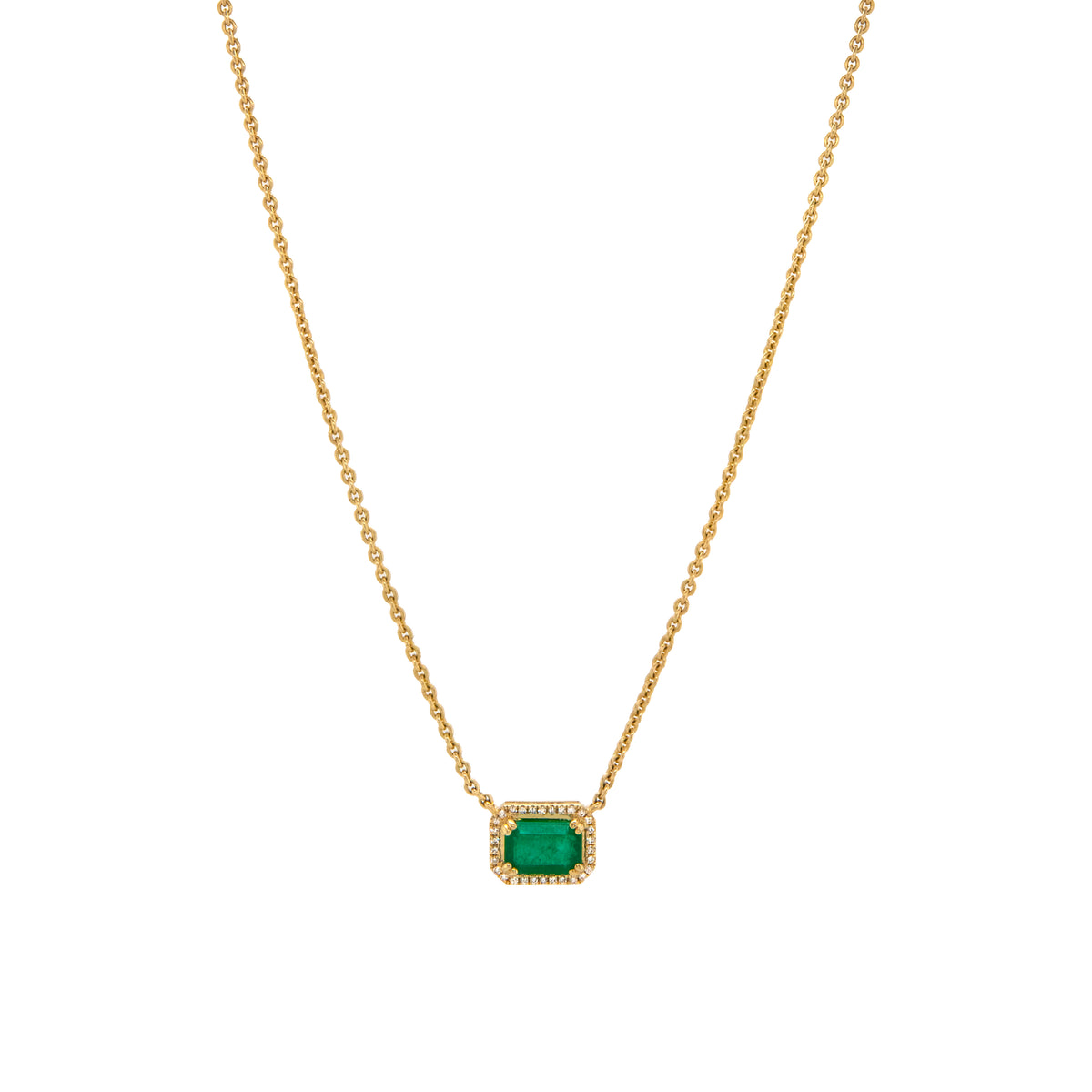 Emerald Necklace: A 14K gold necklace featuring a central emerald gemstone with smaller diamonds, with a lobster clasp fastening.