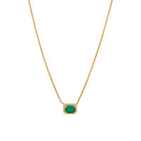 Emerald Necklace: A 14K gold necklace featuring a central emerald gemstone with smaller diamonds, with a lobster clasp fastening.