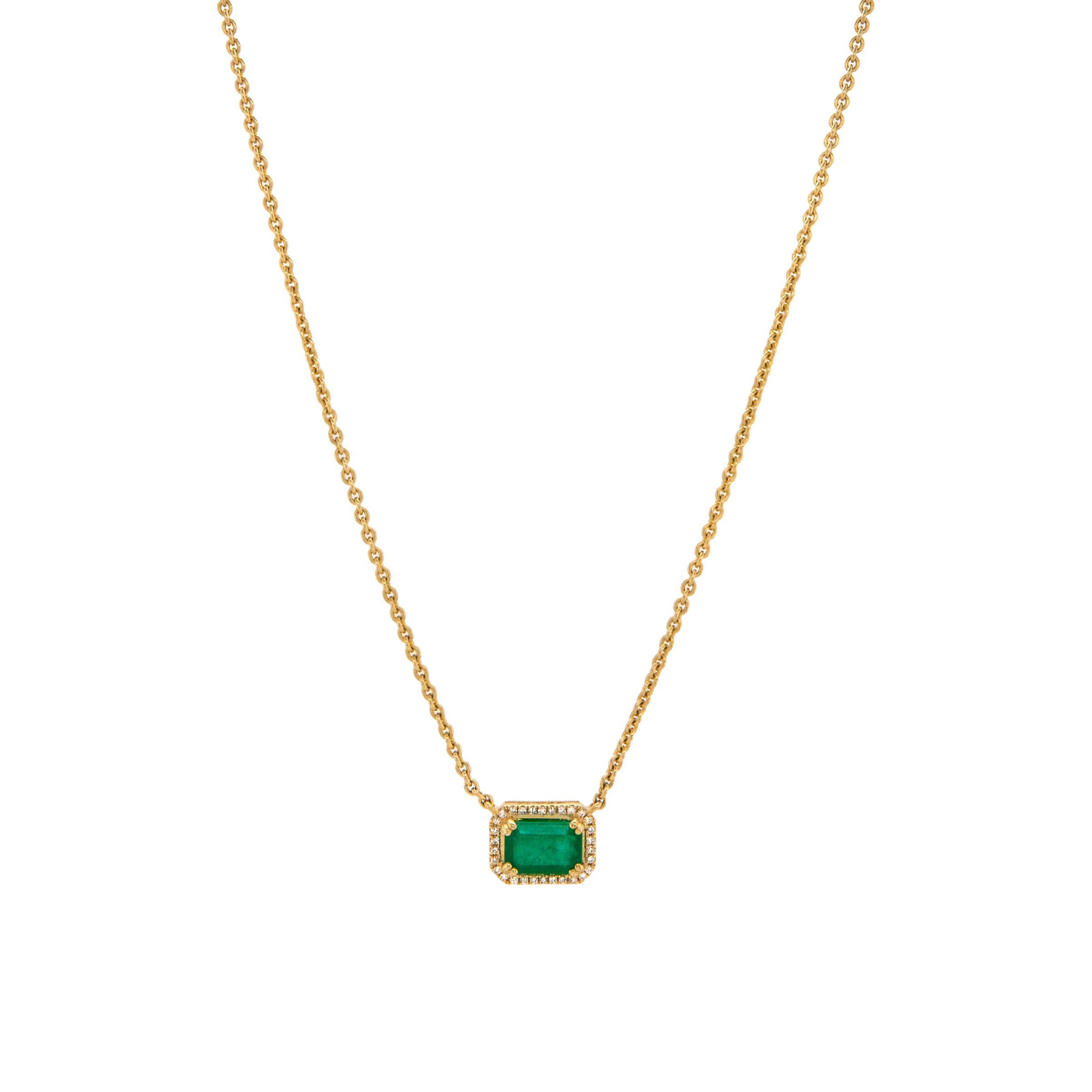 Emerald Necklace: A 14K gold necklace featuring a central emerald gemstone with smaller diamonds, with a lobster clasp fastening.