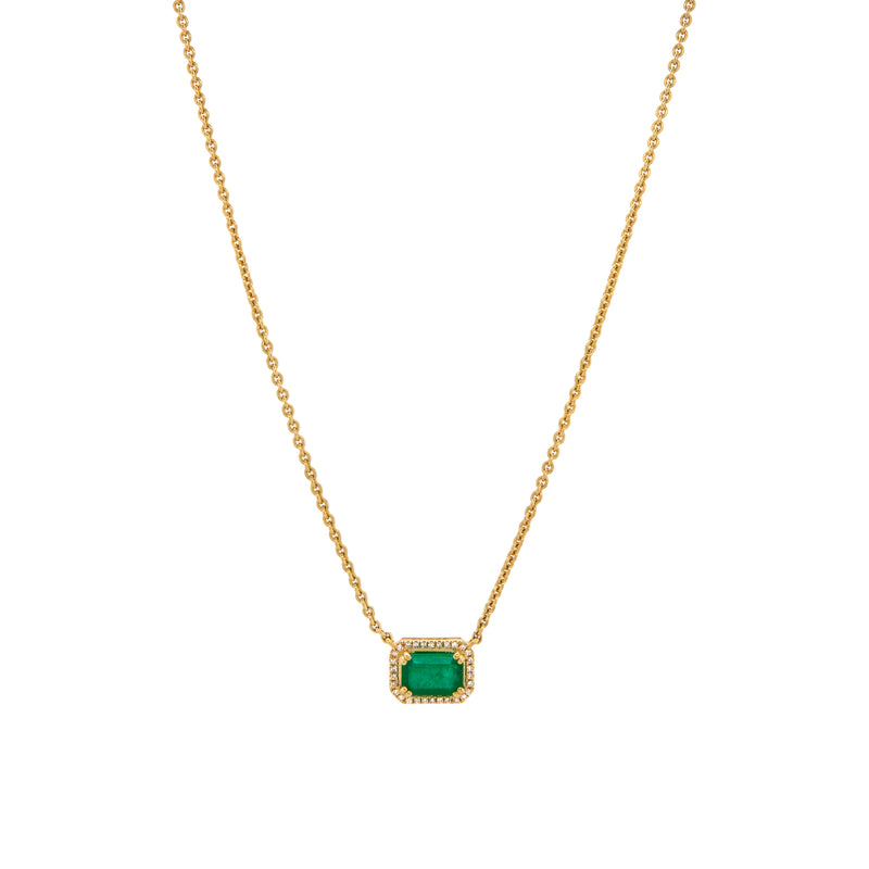 Emerald Necklace: A 14K gold necklace featuring a central emerald gemstone with smaller diamonds, with a lobster clasp fastening.
