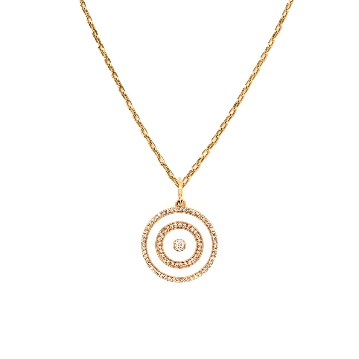 Enamel Target Necklace: A 14K gold enamel pendant with circular layers of diamonds, on a gold chain.