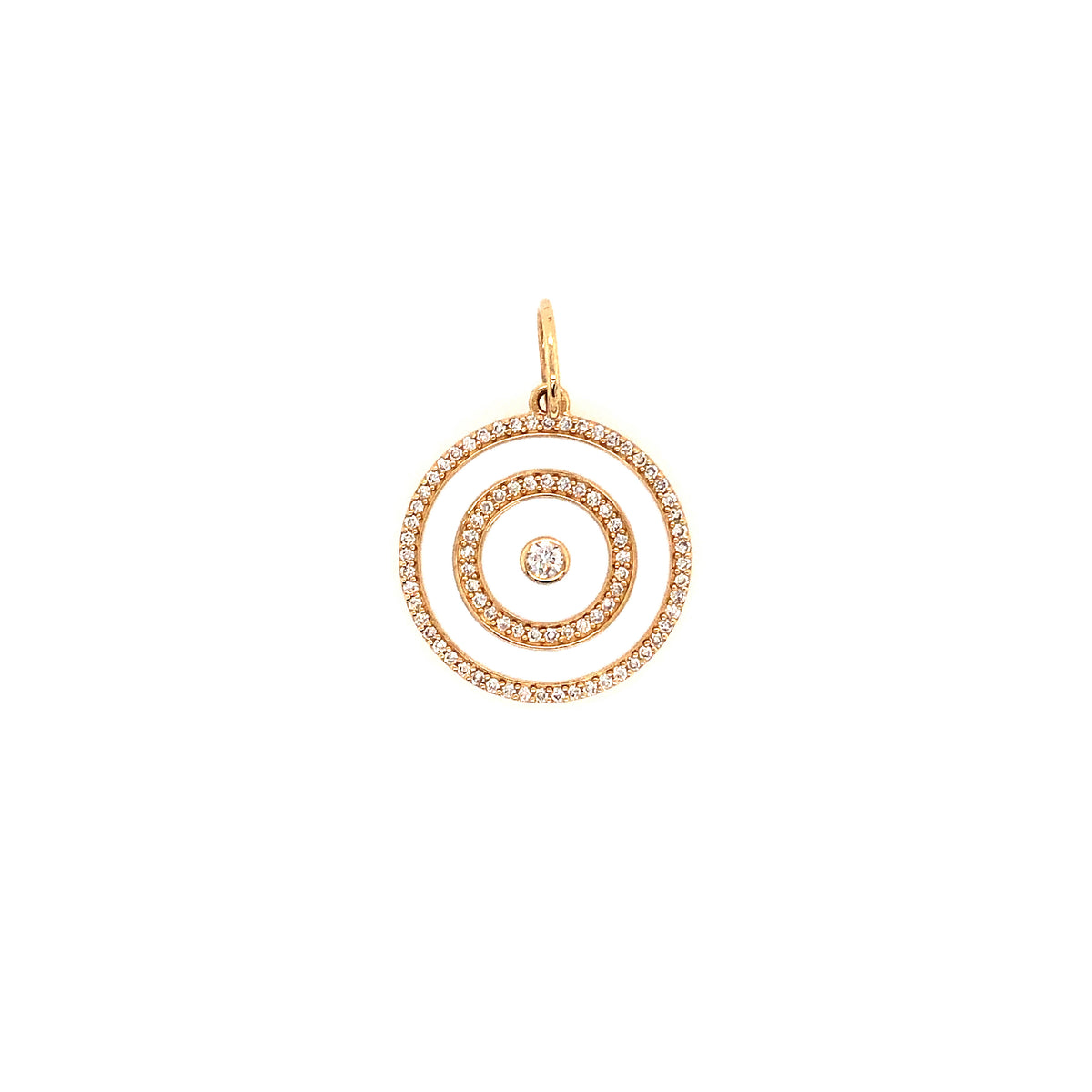 Enamel Target Pendant: A 14K gold enamel pendant with circular layers of diamonds