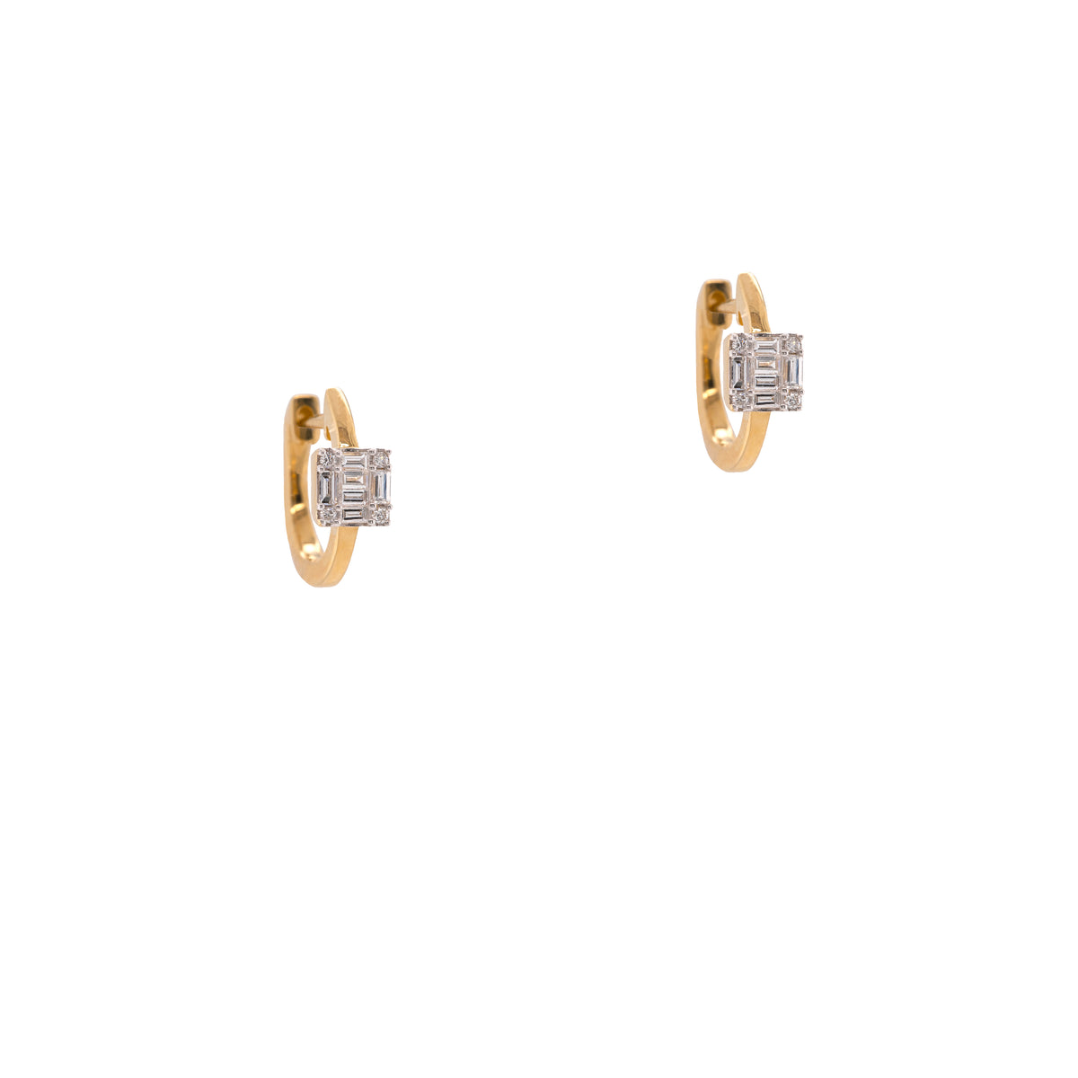 Floating Illusion Huggies: A pair of 14K gold huggie earrings with square center of baguette and round diamonds  