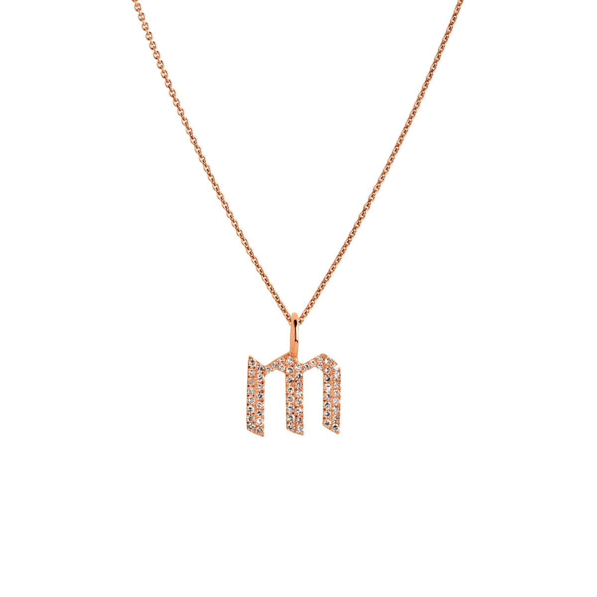Rose Gold "m" Small White Diamond Alphabet Necklace: A 14K gold diamond alphabet pendant with the letter 'm' with a chain