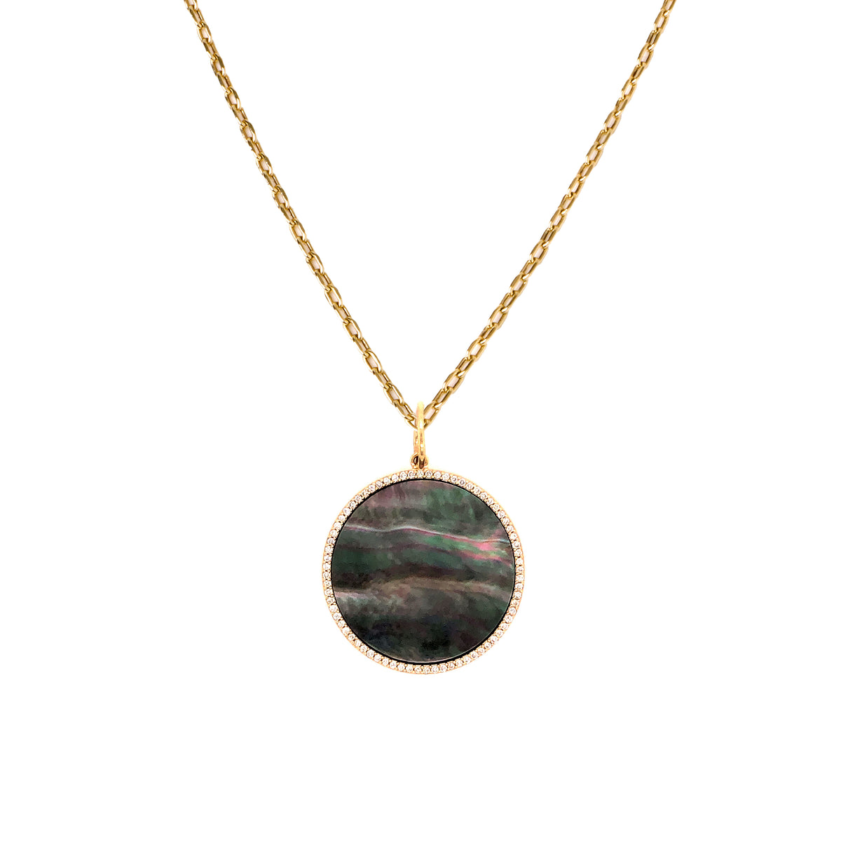 Grey Large Mother-of-Pearl Medallion Necklace: 14K gold necklace with a medallion pendant with a Mother-of-Pearl surrounded by diamonds