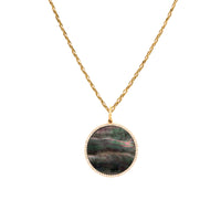 Grey Large Mother-of-Pearl Medallion Necklace: 14K gold necklace with a medallion pendant with a Mother-of-Pearl surrounded by diamonds