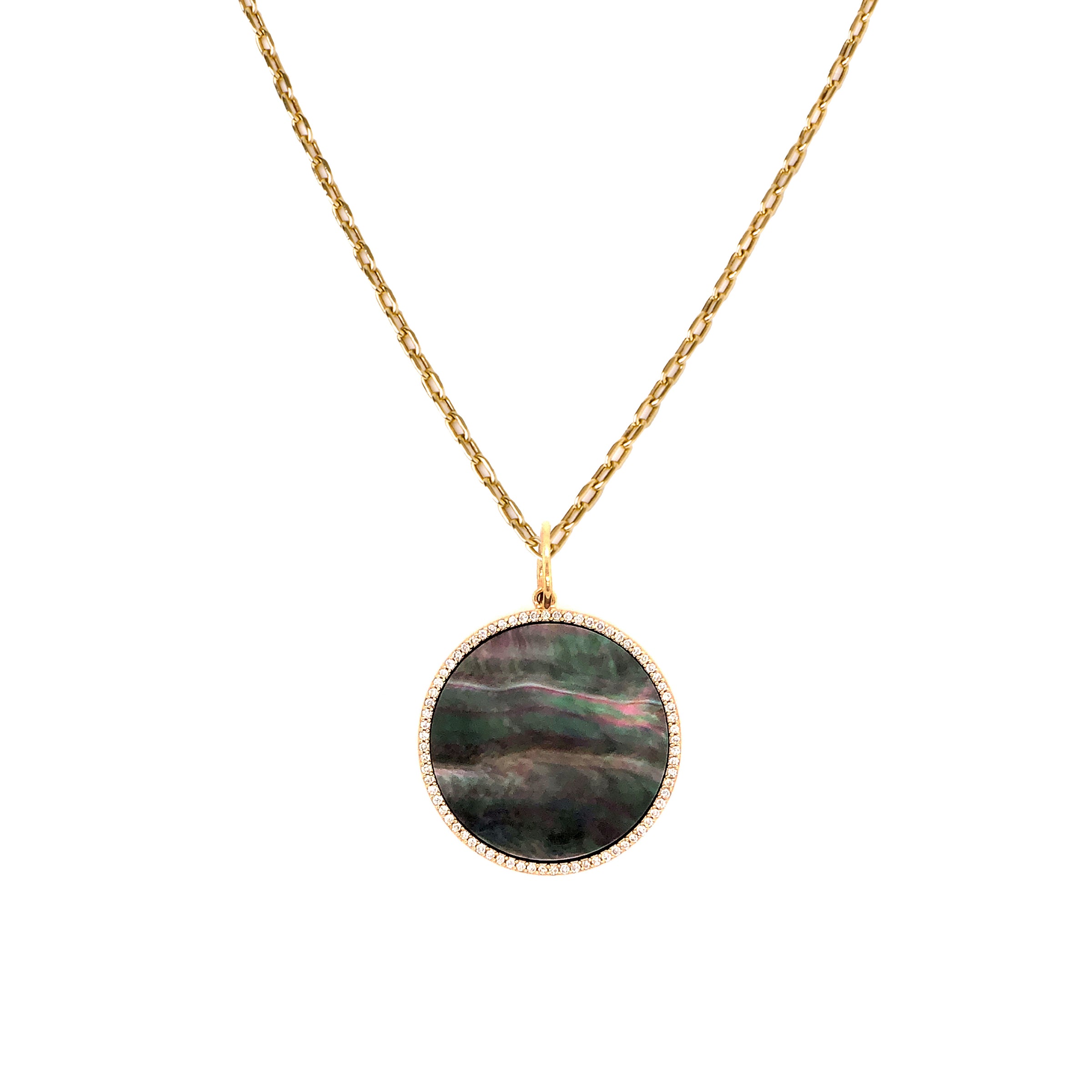 Grey Large Mother-of-Pearl Medallion Necklace: 14K gold necklace with a medallion pendant with a Mother-of-Pearl surrounded by diamonds