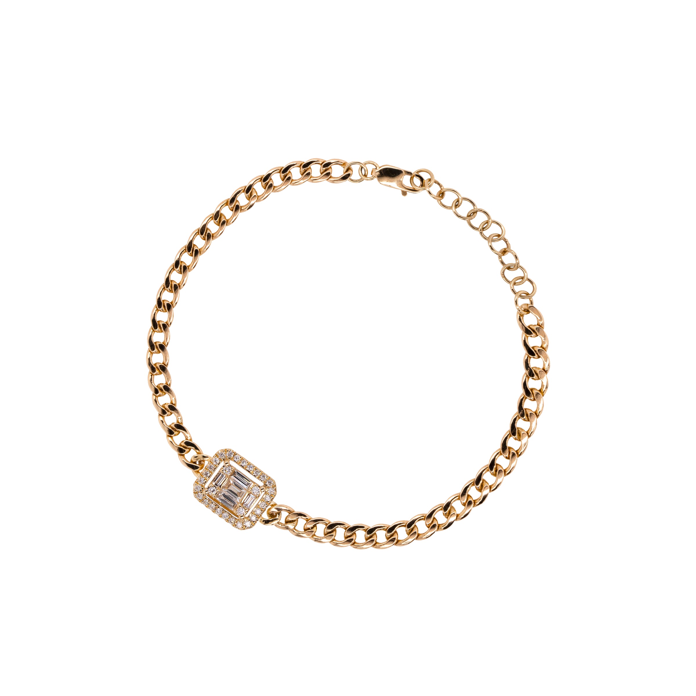 Halo Illusion Bracelet: 14K gold curb bracelet with a diamond rectangle center 