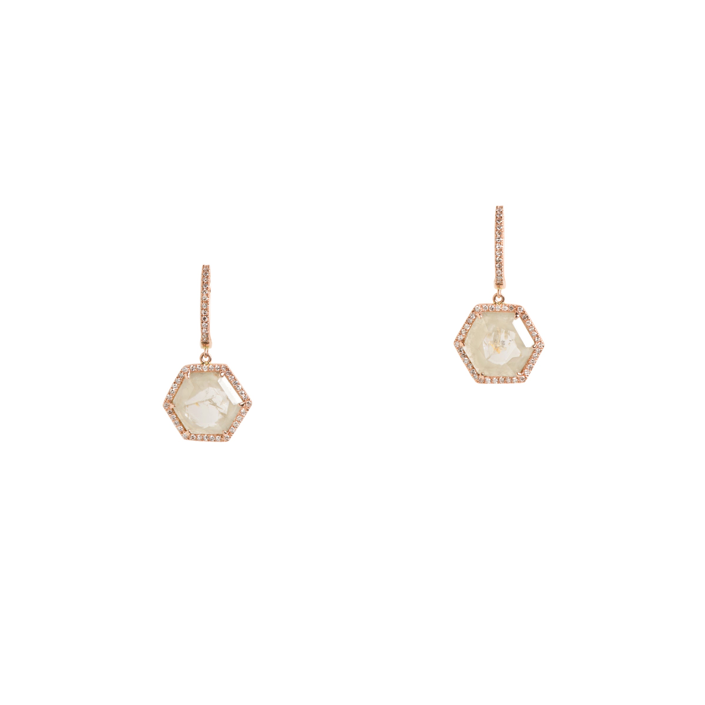 Hexagon Sliced Diamond Earrings: A pair of 14K rose gold huggie earrings with sliced diamond centerpieces surrounded by diamonds.  