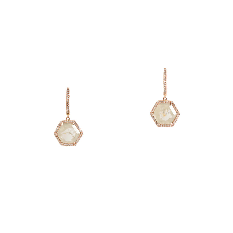 Hexagon Sliced Diamond Earrings: A pair of 14K rose gold huggie earrings with sliced diamond centerpieces surrounded by diamonds.  