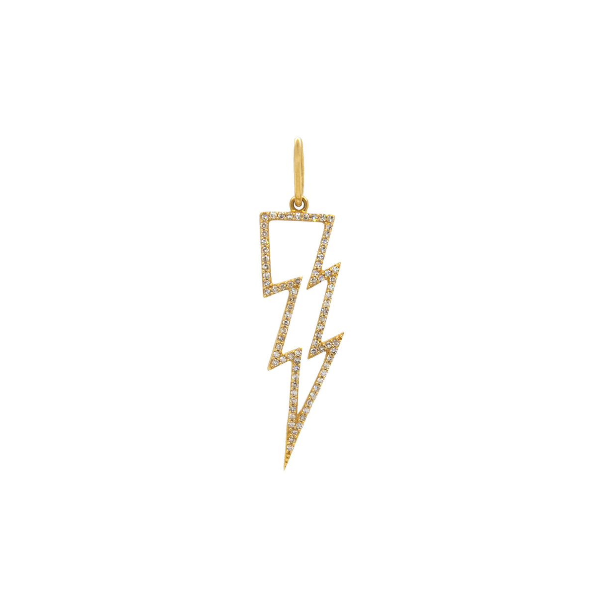 Hollow Lightning Bolt: A 14K gold diamond-encrusted lightning bolt pendant.