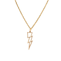 Hollow Lightning Bolt Necklace: A 14K gold necklace featuring a diamond-encrusted lightning bolt pendant.