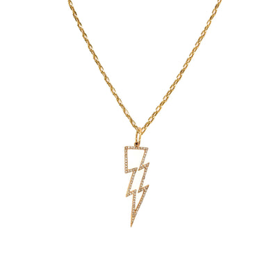 Hollow Lightning Bolt Necklace: A 14K gold necklace featuring a diamond-encrusted lightning bolt pendant.