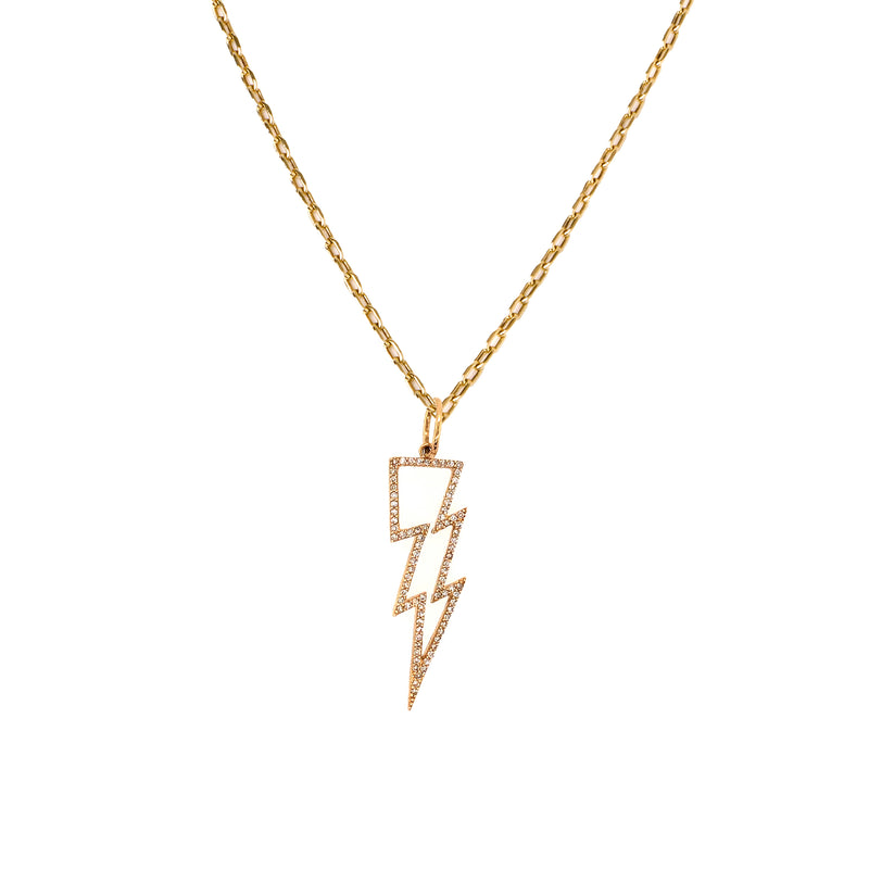 Hollow Lightning Bolt Necklace: A 14K gold necklace featuring a diamond-encrusted lightning bolt pendant.