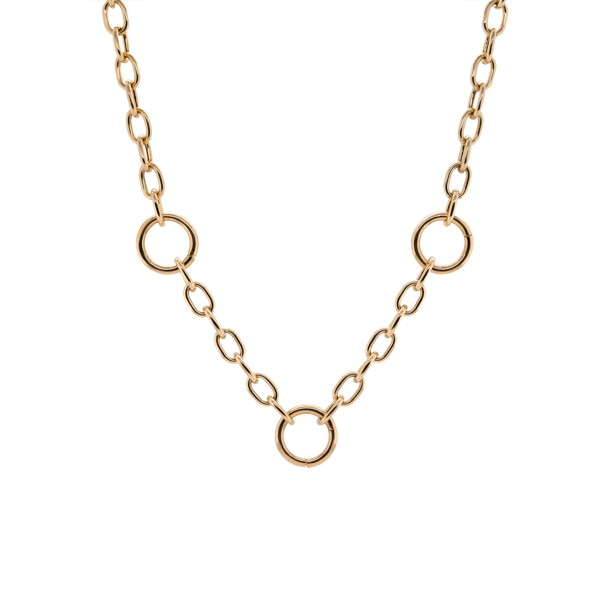Kylie Chain Necklace: A 14K yellow gold chain necklace with a lobster clasp fastening and three round charm clasps.