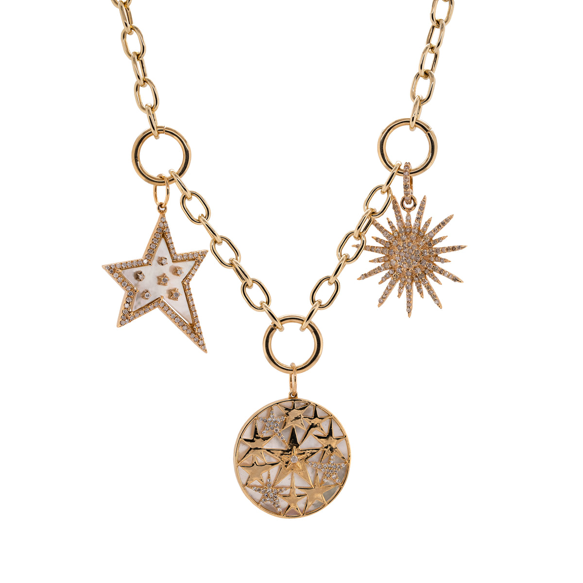 Kylie Chain Necklace with Charms: A 14K yellow gold chain necklace with a lobster clasp fastening and three round charm clasps attached to the Mother-of-Pearl Shooting Star Pendant, the Sunburst Diamond Pendant, and the Mother-of-Pearl Constellation Medallion
