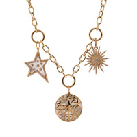 Kylie Chain Necklace with Charms: A 14K yellow gold chain necklace with a lobster clasp fastening and three round charm clasps attached to the Mother-of-Pearl Shooting Star Pendant, the Sunburst Diamond Pendant, and the Mother-of-Pearl Constellation Medallion
