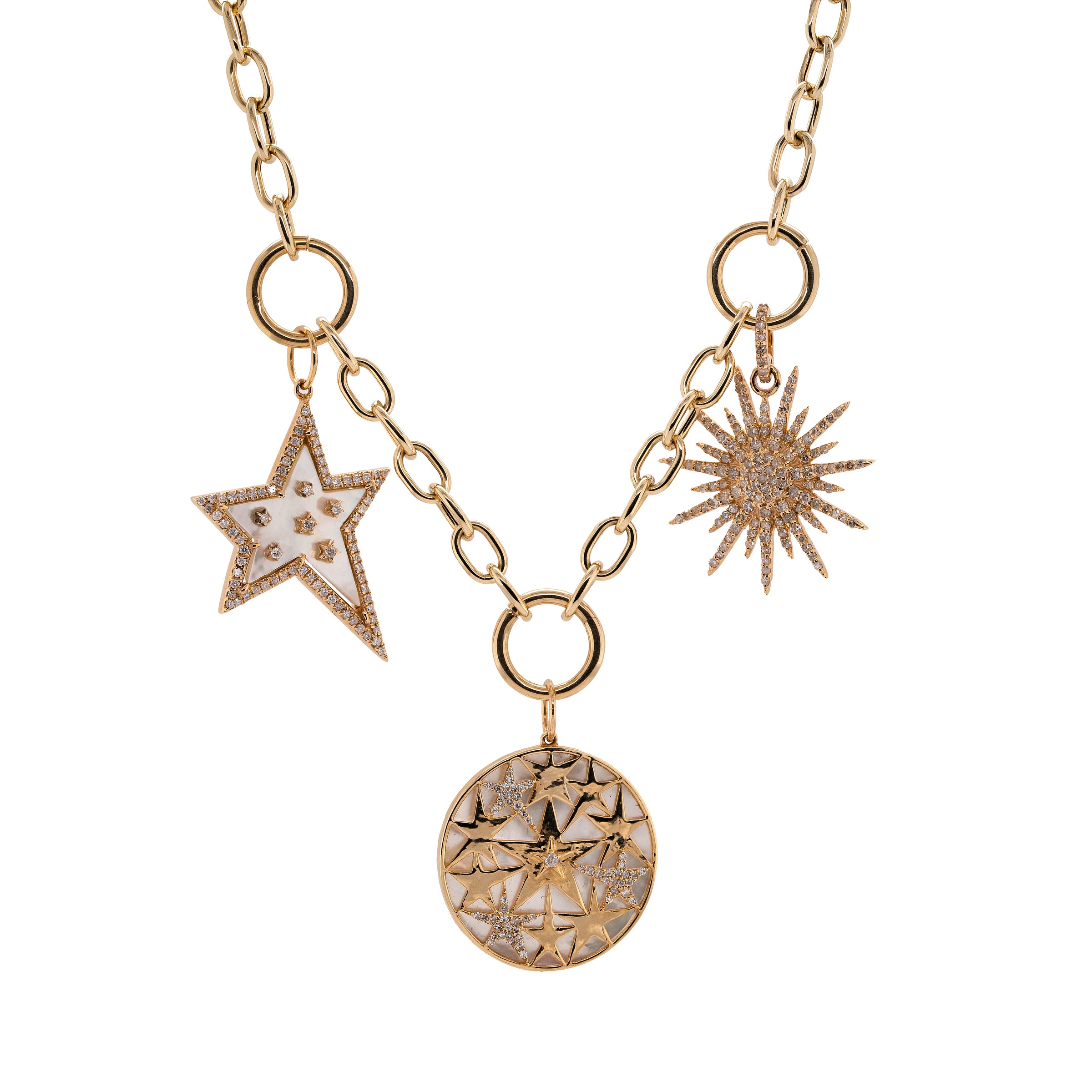 Kylie Chain Necklace with Charms: A 14K yellow gold chain necklace with a lobster clasp fastening and three round charm clasps attached to the Mother-of-Pearl Shooting Star Pendant, the Sunburst Diamond Pendant, and the Mother-of-Pearl Constellation Medallion