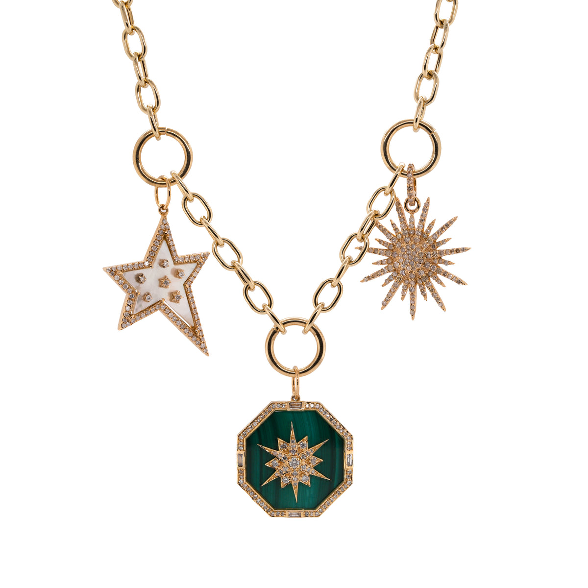 Kylie Chain Necklace with Charms: A 14K yellow gold chain necklace with a lobster clasp fastening and three round charm clasps attached to the Mother-of-Pearl Shooting Star Pendant, the Sunburst Diamond Pendant, and the Malachite Octagon Medallion