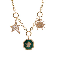 Kylie Chain Necklace with Charms: A 14K yellow gold chain necklace with a lobster clasp fastening and three round charm clasps attached to the Mother-of-Pearl Shooting Star Pendant, the Sunburst Diamond Pendant, and the Malachite Octagon Medallion