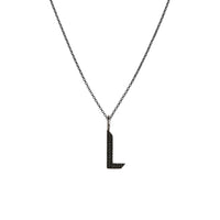 "L" Small Black Diamond Alphabet Necklace: A black gold diamond alphabet pendant with the letter 'L' with a chain