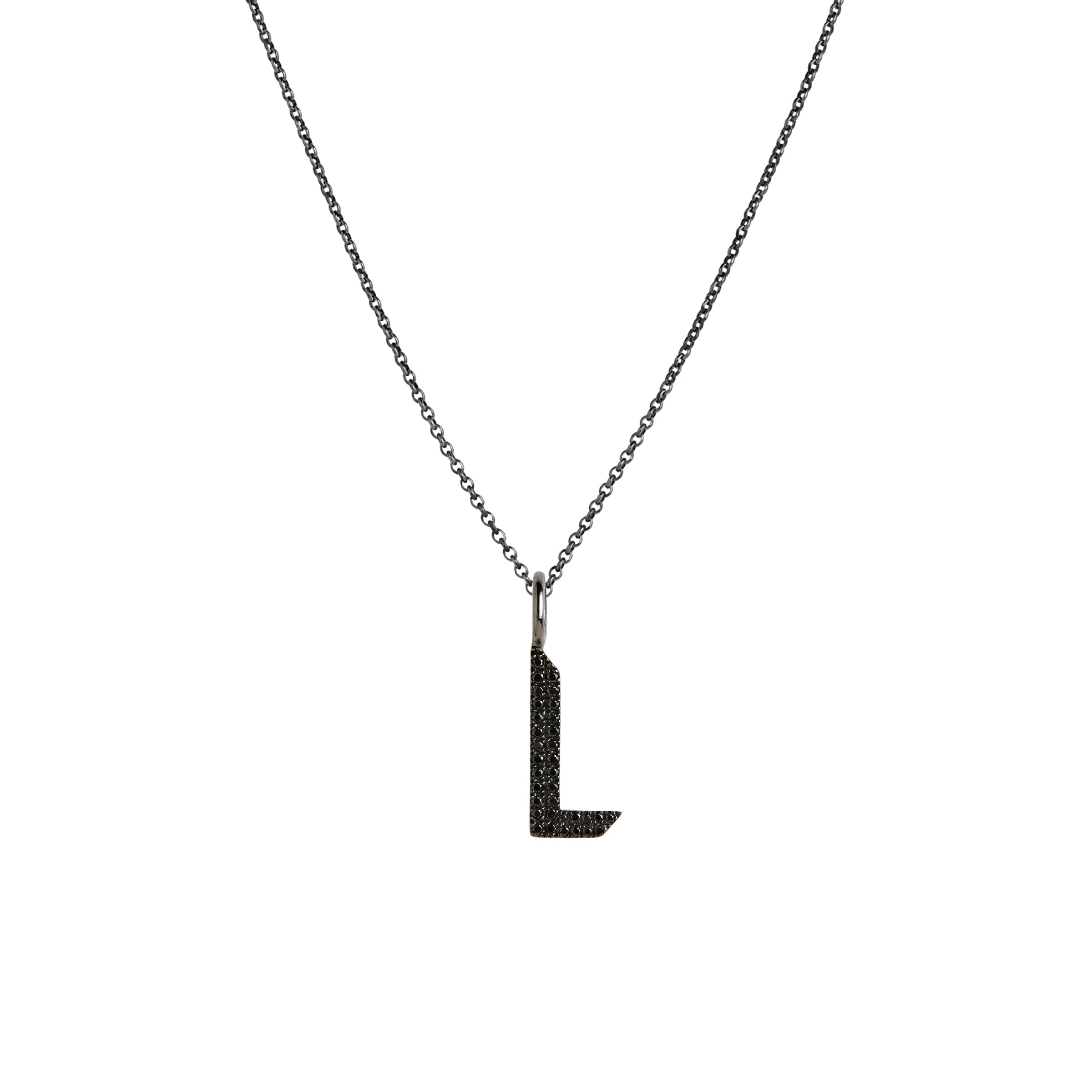"L" Small Black Diamond Alphabet Necklace: A black gold diamond alphabet pendant with the letter 'L' with a chain