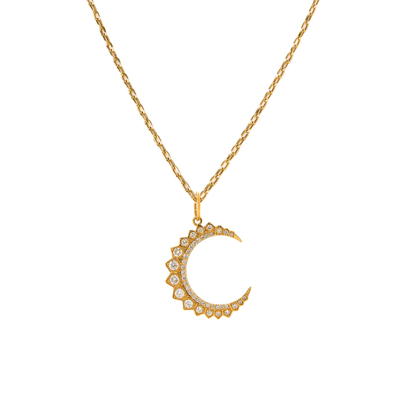 Large Diamond Crescent Necklace: 14K gold crescent-shaped pendant with diamonds on a chain