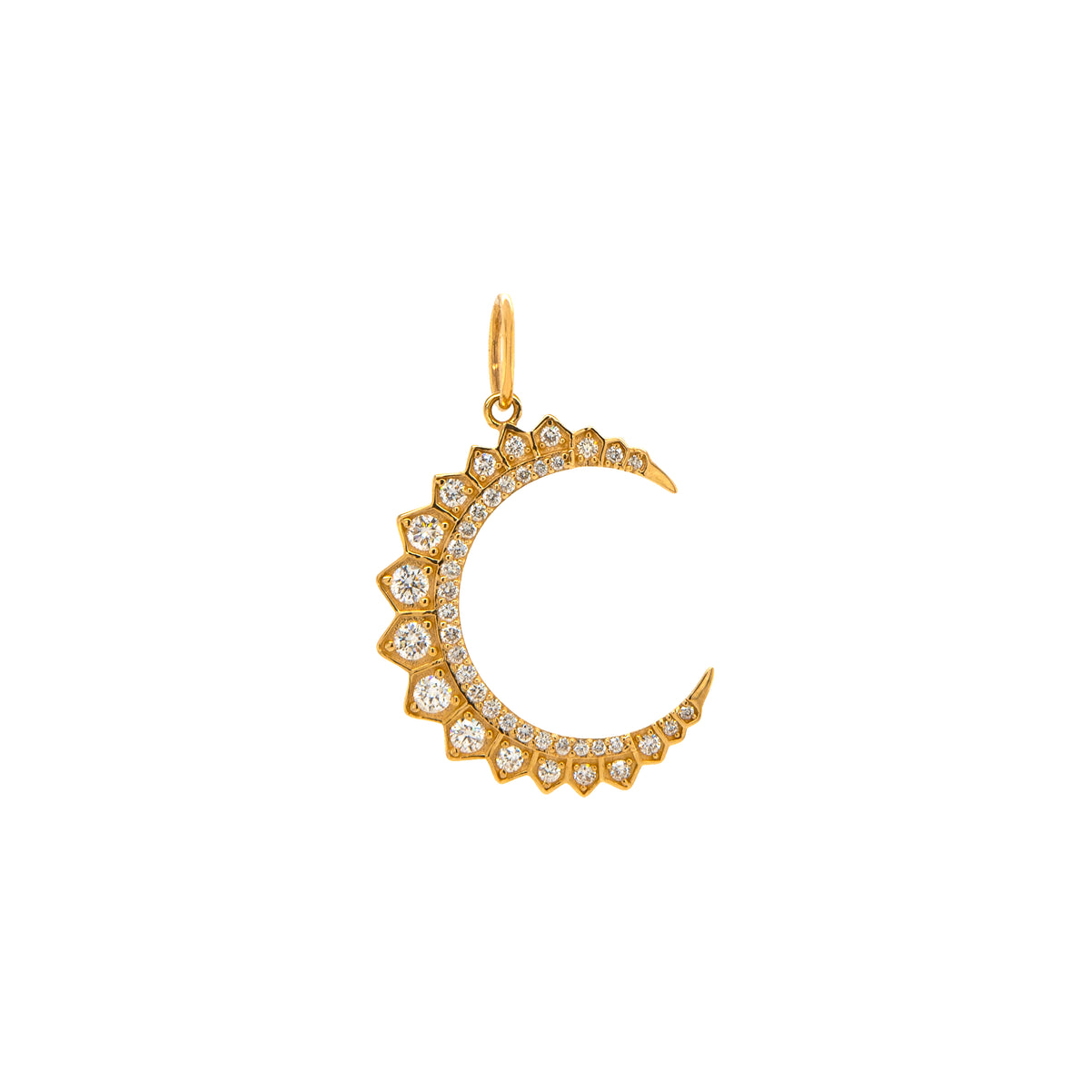 Large Diamond Crescent Pendant: 14K gold crescent-shaped pendant with diamonds