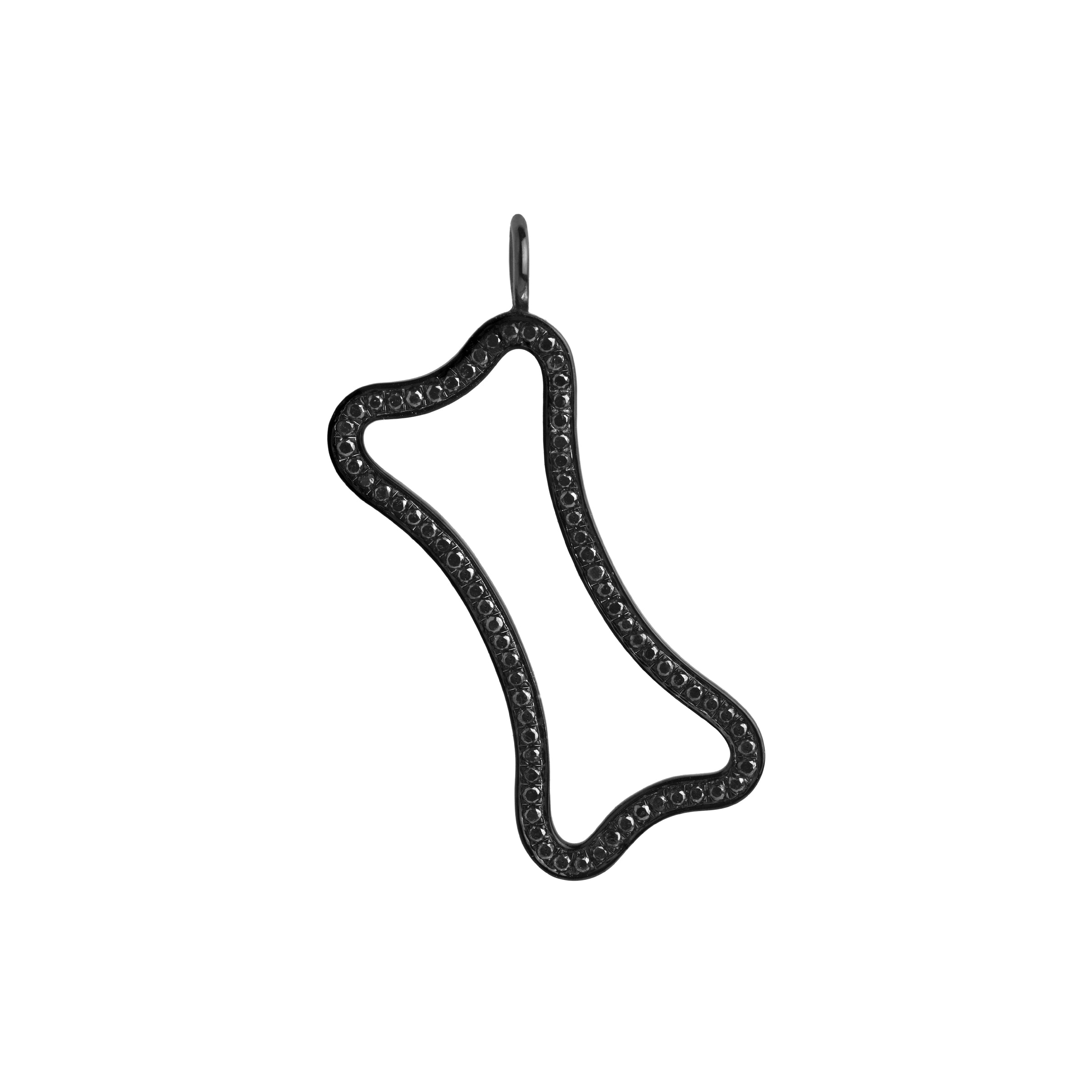 Large Hollow Black Diamond Dog Bone: A hollow diamond pendant in the outline of a dog bone, embedded in black diamonds