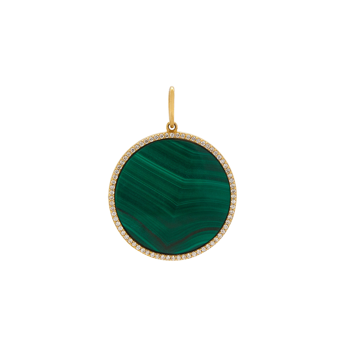 Large Malachite Medallion: 14K gold pendant with malachite in the center, surrounded by diamonds 