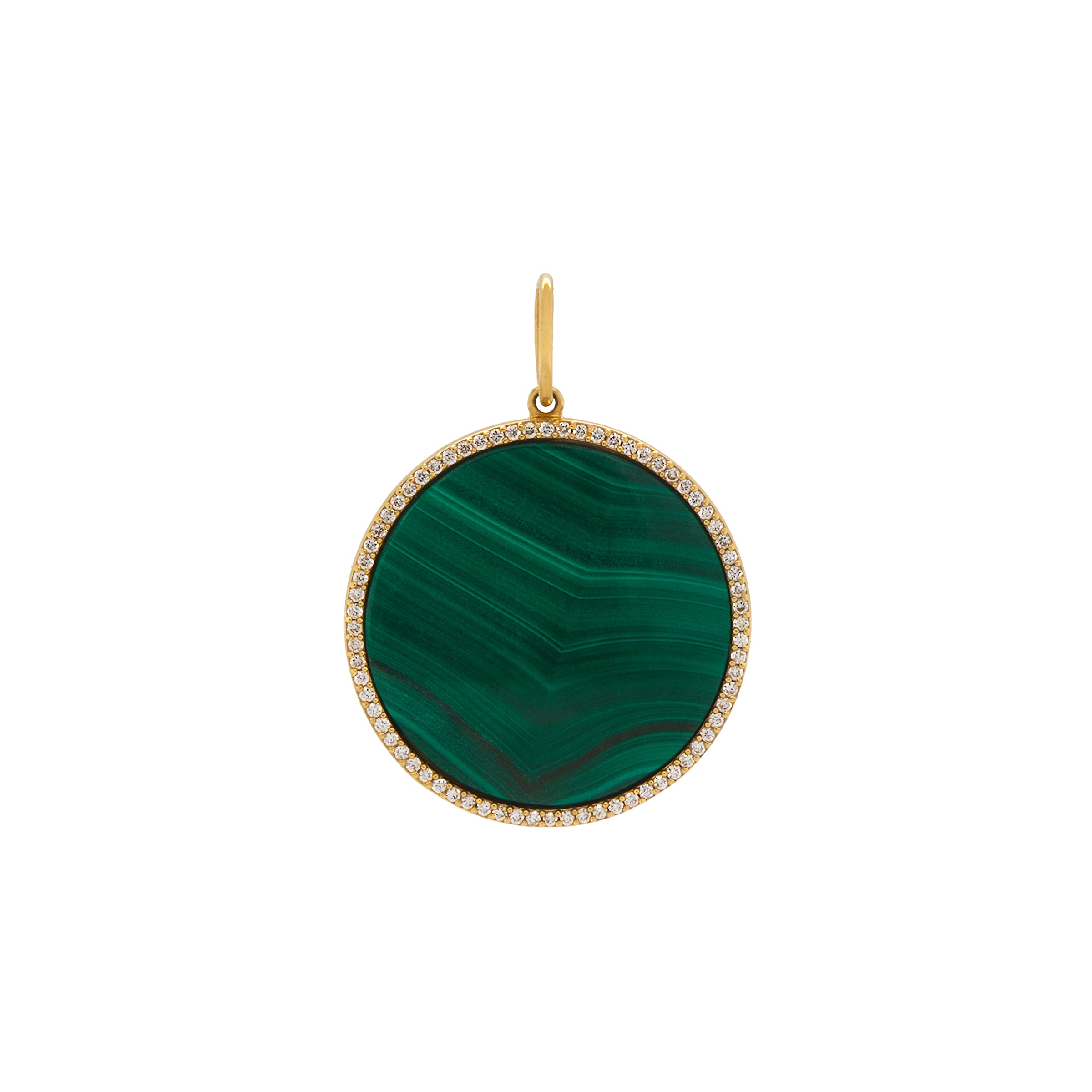 Large Malachite Medallion: 14K gold pendant with malachite in the center, surrounded by diamonds 