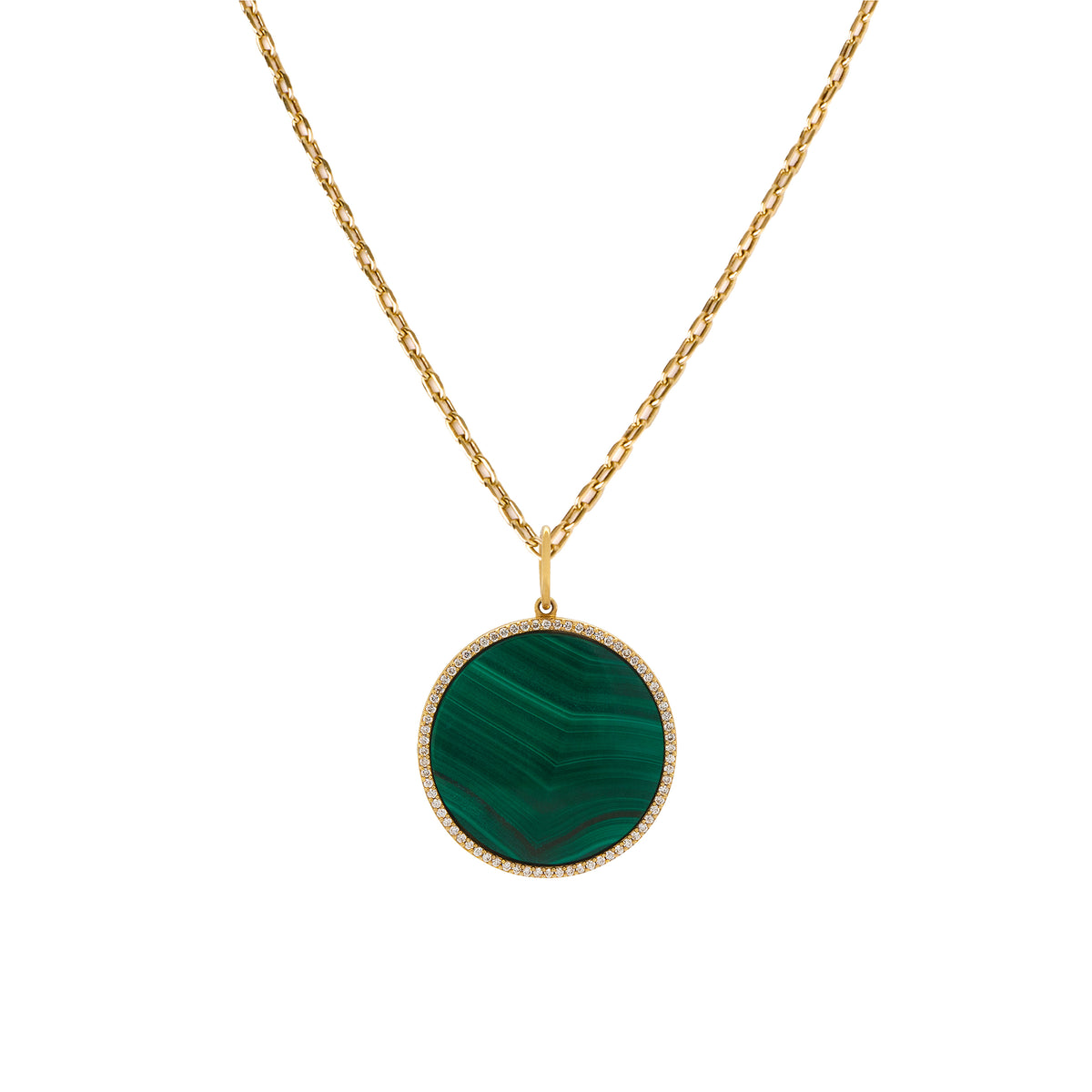 Large Malachite Medallion Necklace: 14K gold pendant with malachite in the center, surrounded by diamonds, on a chain