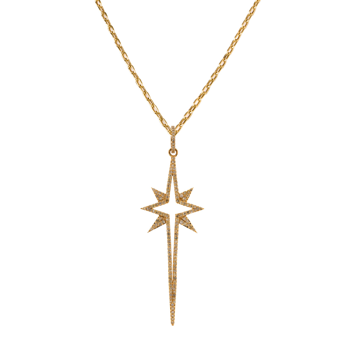 Large Starburst Necklace: A 14K yellow gold necklace with a large starburst-shaped pendant with diamonds.