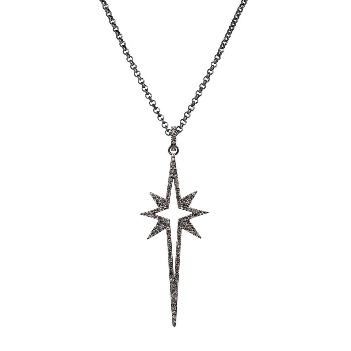 Large Starburst Spear Necklace: a silver spear pendant in the shape of a large starburst on a chain