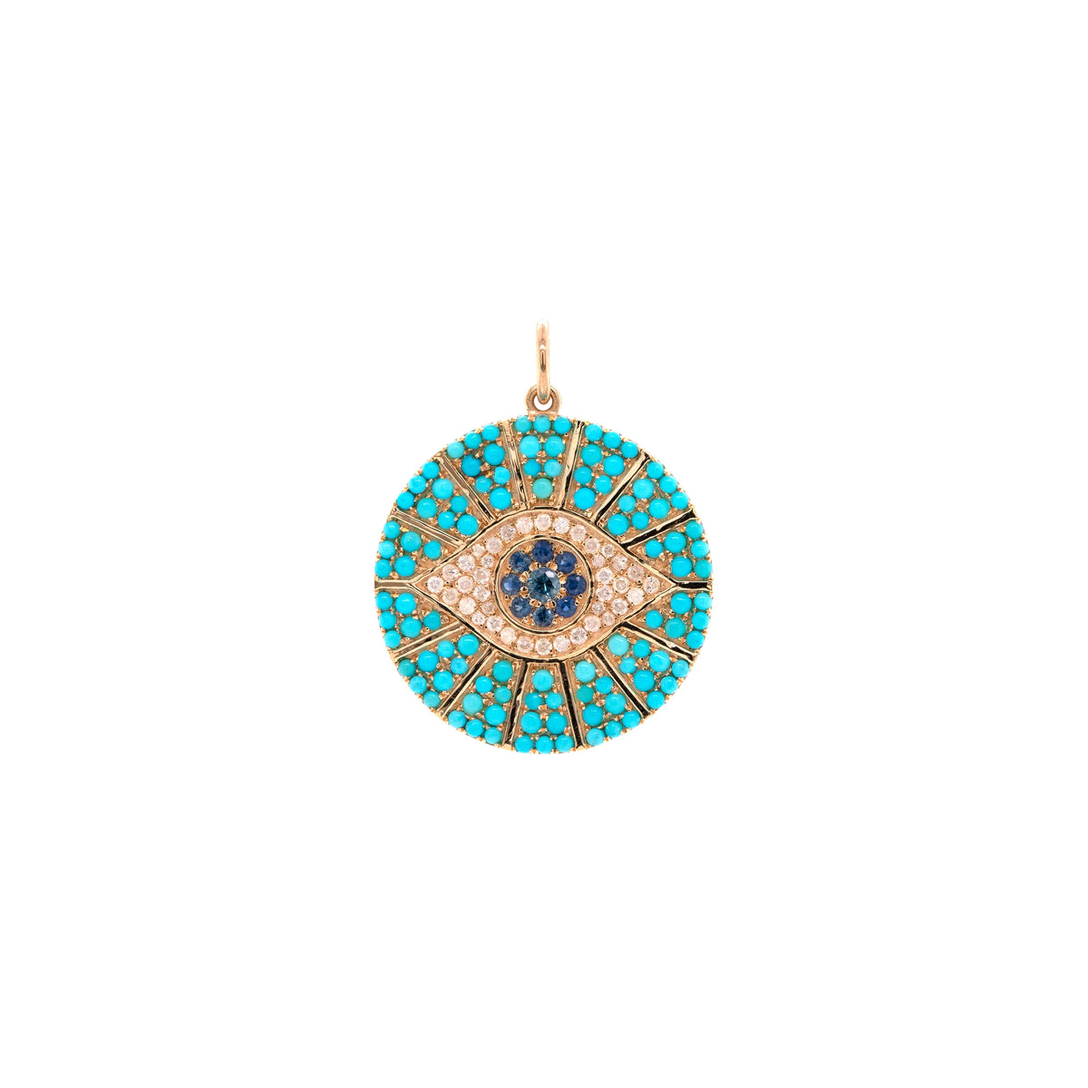 Large Turquoise Evil Eye Medallion: a turquoise medallion featuring an evil eye design with diamonds and blue sapphires.