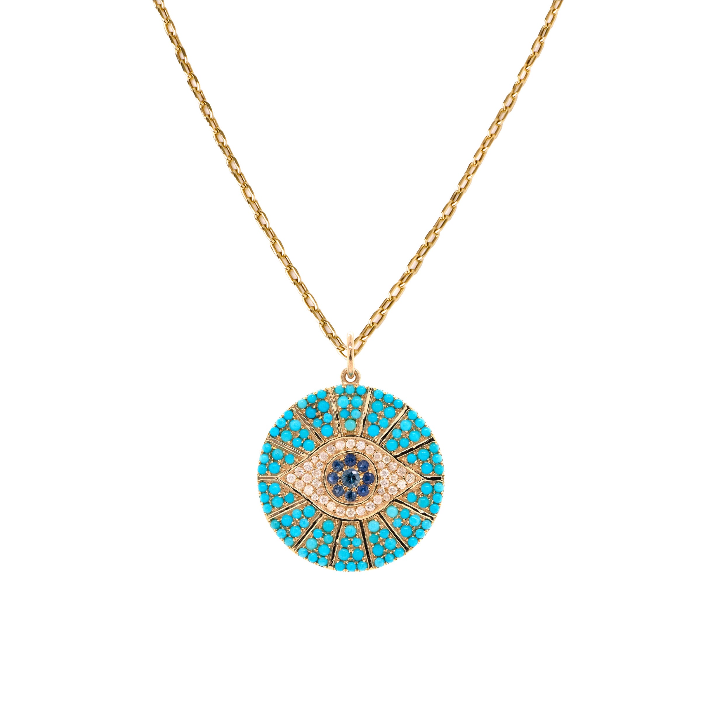 Large Turquoise Evil Eye Medallion Necklace: A medallion necklace with a yellow gold chain and a turquoise medallion featuring an evil eye design with diamonds and blue sapphires.