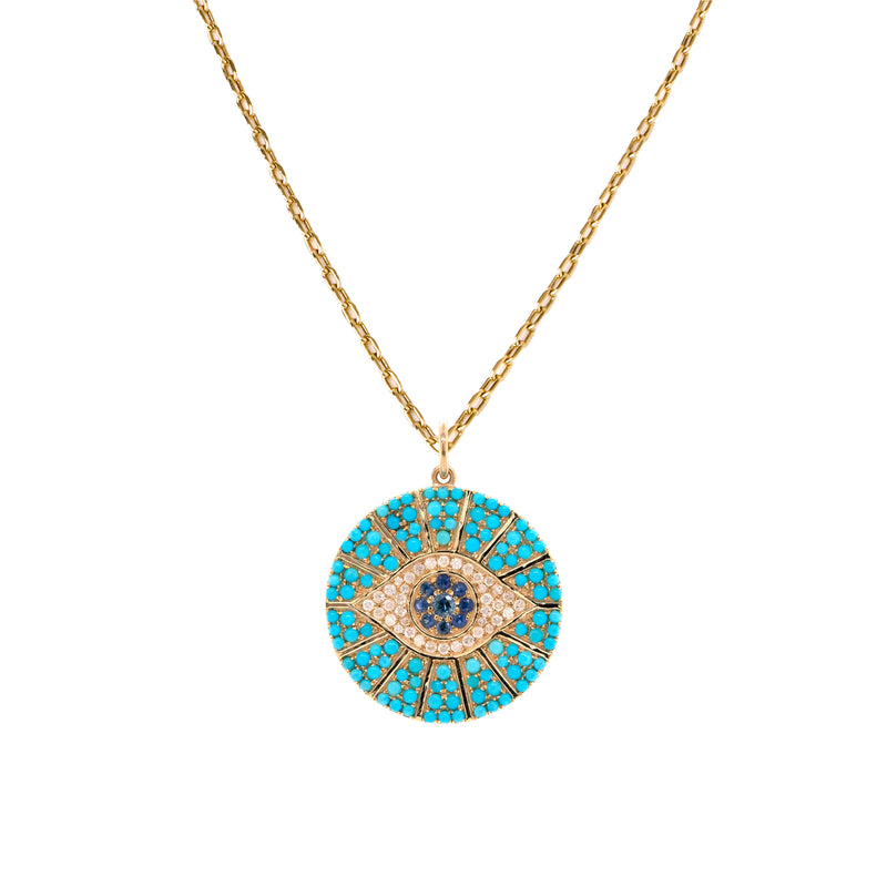Large Turquoise Evil Eye Medallion Necklace: A medallion necklace with a yellow gold chain and a turquoise medallion featuring an evil eye design with diamonds and blue sapphires.