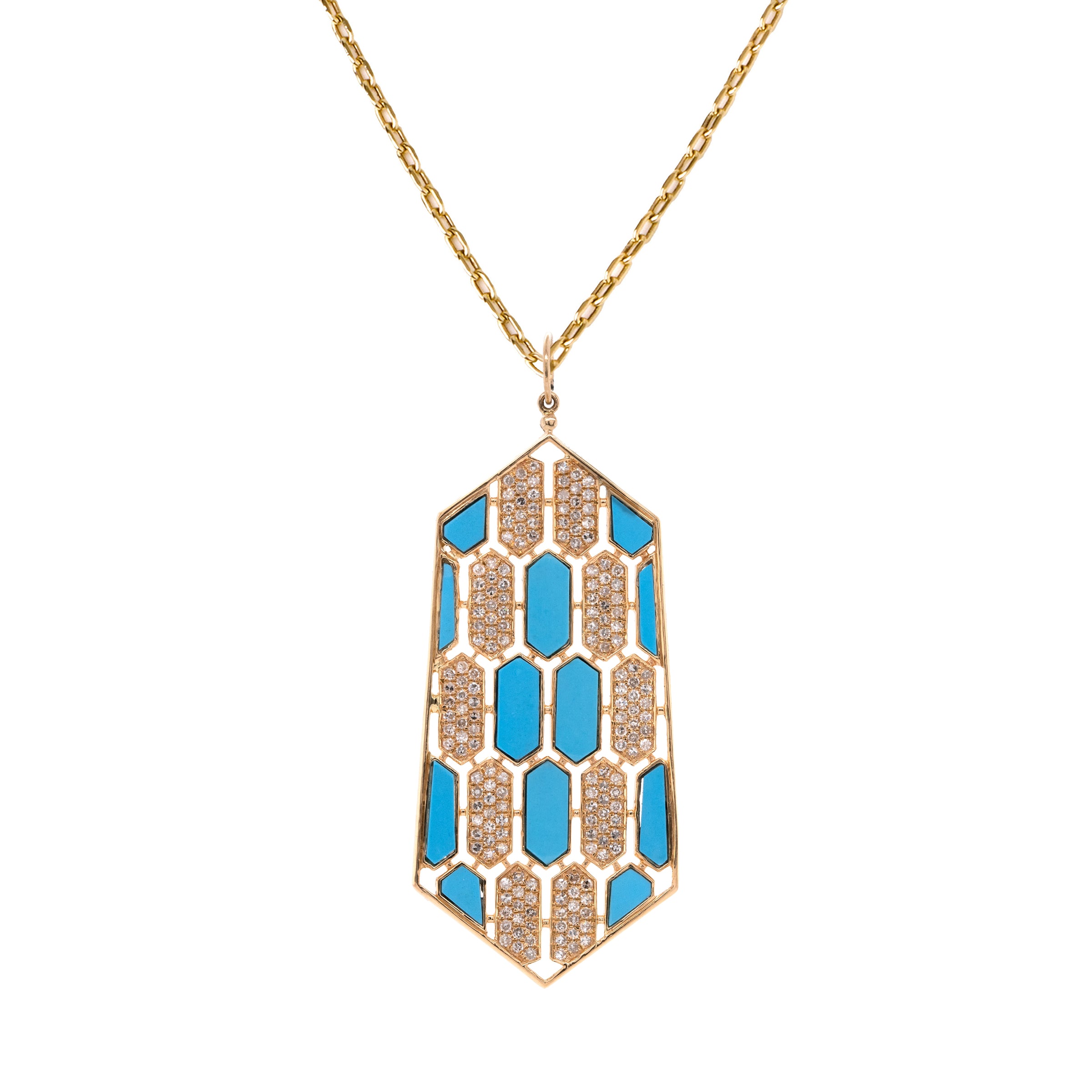 Large Turquoise Mosaic Necklace: 14K gold pendant with geometric patterns of  diamonds and Turquoise on a chain