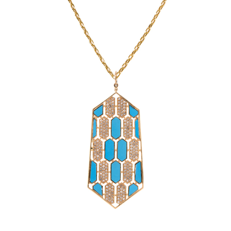 Large Turquoise Mosaic Necklace: 14K gold pendant with geometric patterns of  diamonds and Turquoise on a chain