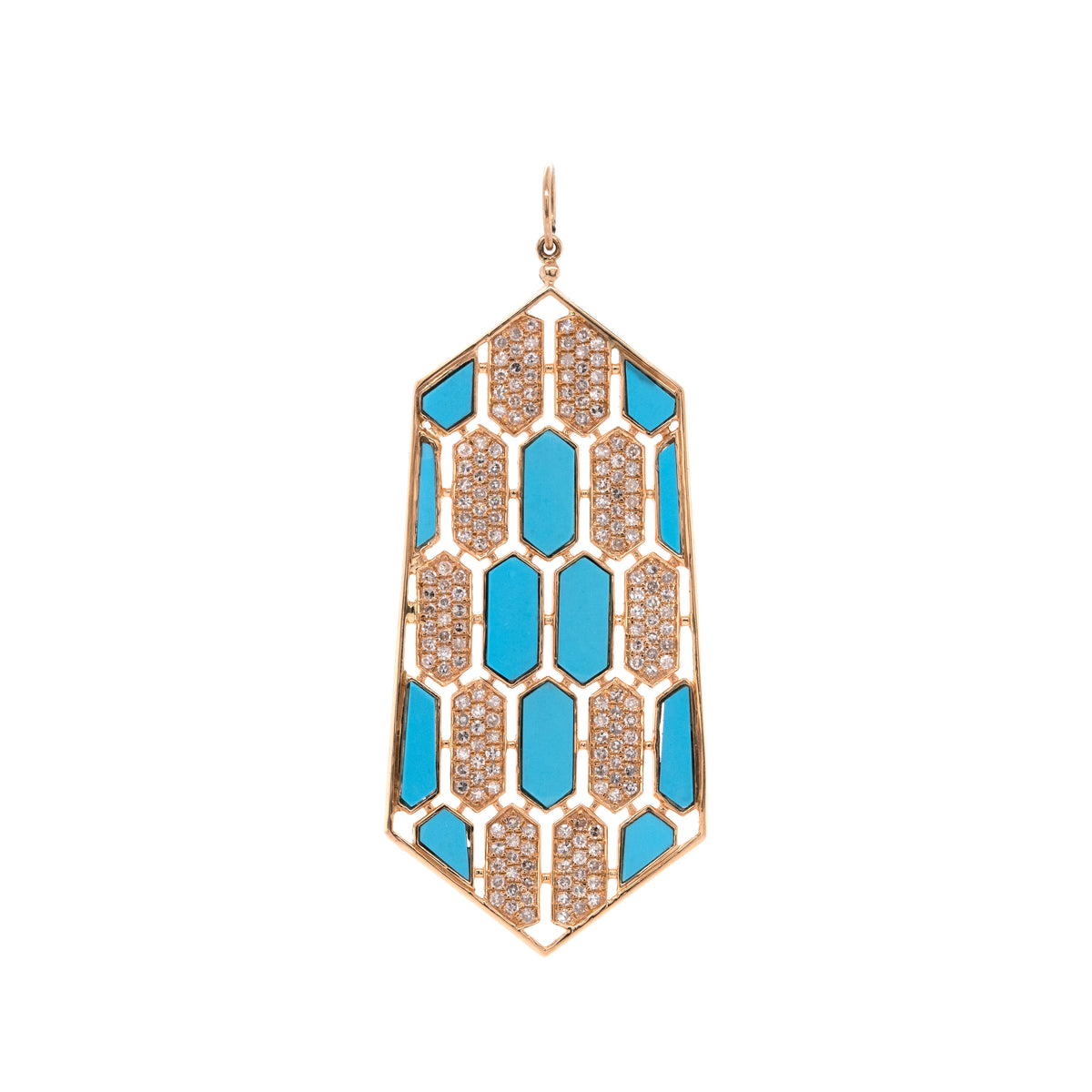 Large Turquoise Mosaic Pendant: 14K gold pendant with geometric patterns of  diamonds and Turquoise 