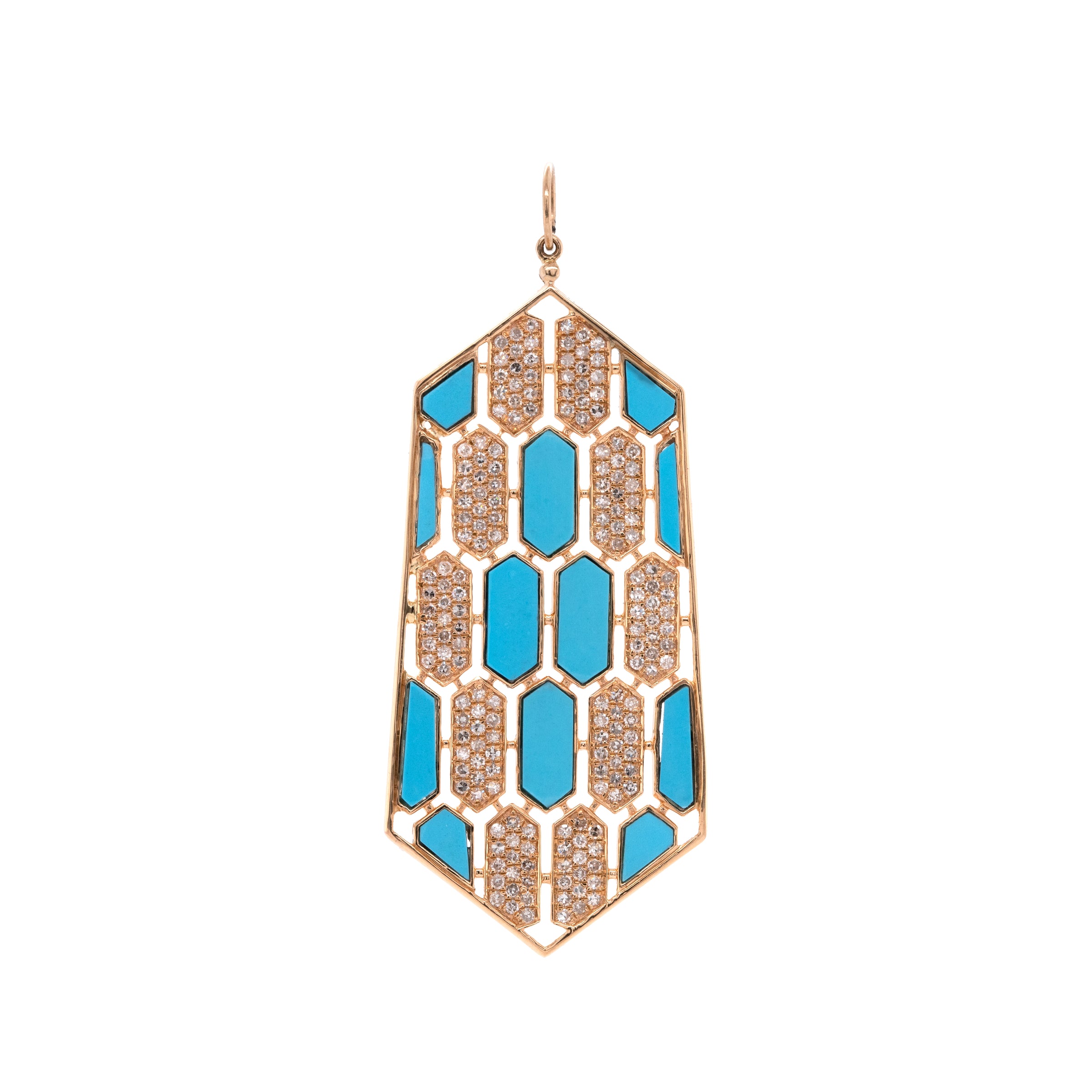 Large Turquoise Mosaic Pendant: 14K gold pendant with geometric patterns of  diamonds and Turquoise 